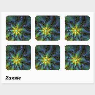 Abstract Star, Shiny Blue Green Golden Fractal Art Square Sticker