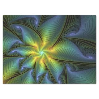 Abstract Star, Shiny Blue Green Golden Fractal Art Tissue Paper