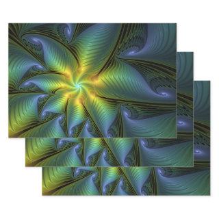 Abstract Star, Shiny Blue Green Golden Fractal Art  Sheets