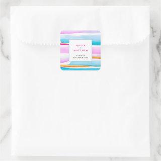 Abstract tropical tide lines pink aqua wedding square sticker