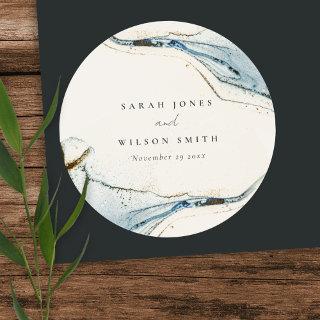 Abstract Watercolor Blue Gold Beachy Wedding Classic Round Sticker