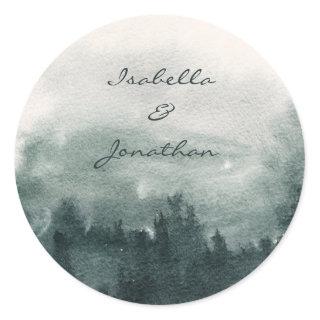 Abstract Watercolor Forest Landscape Wedding  Classic Round Sticker
