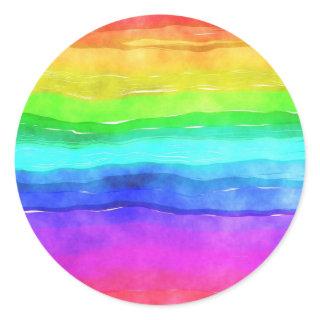 Abstract Watercolor Painted Stripes Rainbow Classic Round Sticker