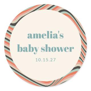 Abstract Wavy Stripe Aqua Peach Custom Baby Shower Classic Round Sticker