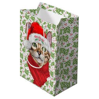 Abyssinian Cat Ho Ho Ho Santa Hat Meowy Christmas Medium Gift Bag
