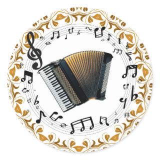 Accordion design in elegant black and gold classic round sticker