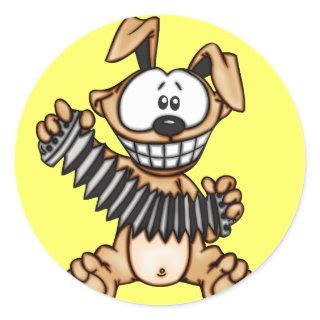 Accordion Playing Cartoon Dog Classic Round Sticker