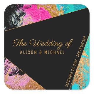 Acrylic painting gold black the wedding of square sticker