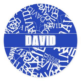Add any name, name collage In blue & white Classic Round Sticker