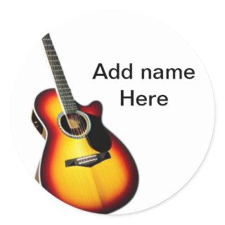 Add you name text brown acoustic guitar editable t classic round sticker