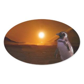 Adelie Penguin & Antarctic Sunset Oval Sticker