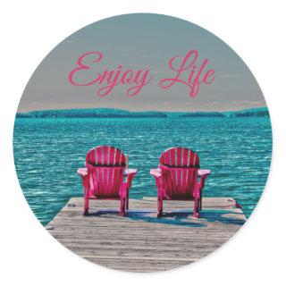 Adirondack Chairs Cottage Enjoy Life Teal Rustic Classic Round Sticker