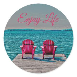 Adirondack Chairs Cottage Enjoy Life Teal Rustic Classic Round Sticker