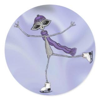 Adorable Alien Ice Skating in Winter Classic Round Sticker