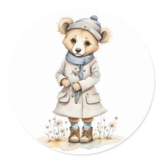 Adorable Bear in Coat Hat Scarf Boots Daisy  Classic Round Sticker