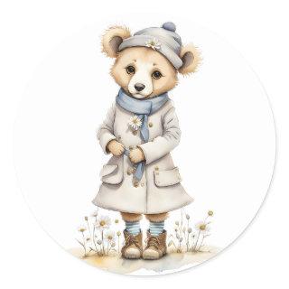 Adorable Bear in Coat Hat Scarf Boots Daisy  Classic Round Sticker