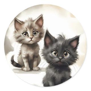 Adorable Black and Tabby Kitties Friends Portrait  Classic Round Sticker