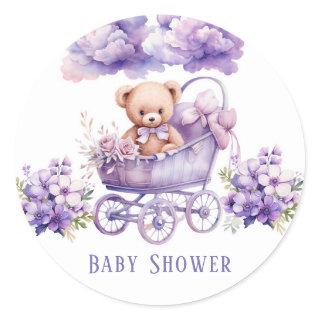 Adorable Carriage Teddy Bear Girl Baby Shower Classic Round Sticker