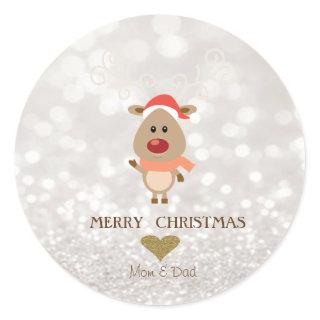 Adorable Cartoon Reindeer,Santa Hat,Glittery Bokeh Classic Round Sticker