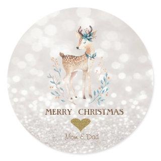 Adorable Cartoon Reindeer,White Bokeh Classic Round Sticker