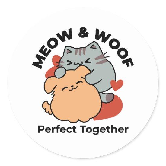 Adorable Cat and Dog Hug – Meow & Woof Design Classic Round Sticker