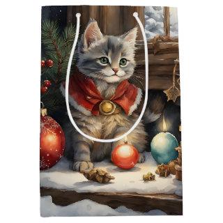 Adorable Cat in Red Cape at Christmas  Medium Gift Bag
