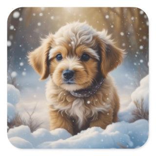 Adorable Christmas Puppy on a Snowy Night Square Sticker