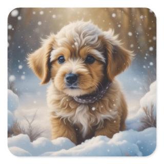 Adorable Christmas Puppy on a Snowy Night Square Sticker