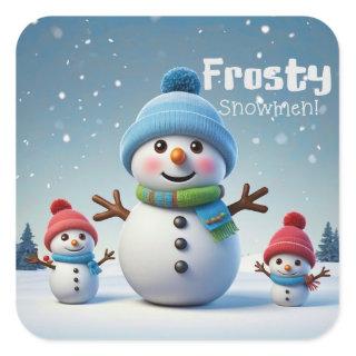 Adorable Frosty Snowmen in Cool Winter Snow  Square Sticker