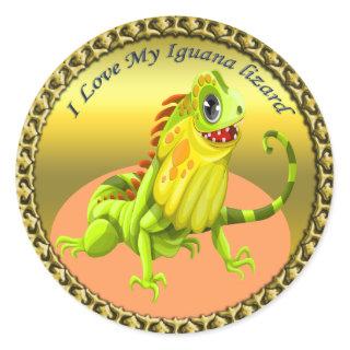 Adorable Gold green happy nature iguana lizard Classic Round Sticker