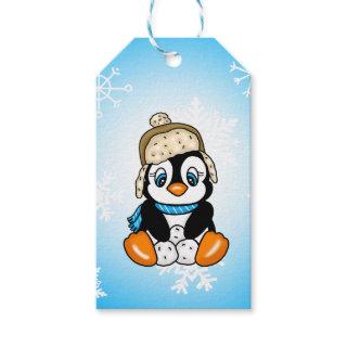 Adorable Hand drawn Penguin with Snowballs Gift Tags