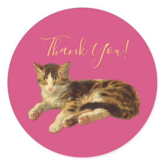 Adorable Kitty Cat Thank You Magenta Gold Script Classic Round Sticker