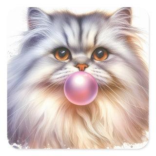 Adorable Long Hair Cat Blowing Bubble Gum  Square Sticker