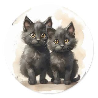 Adorable Pair of Black Kitties Portrait Siblings Classic Round Sticker
