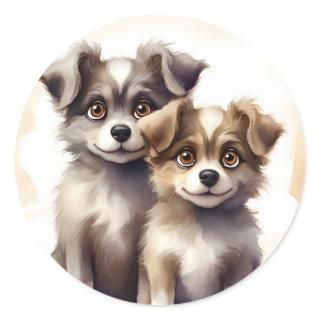 Adorable Portrait of Two Sibling Dogs Best Friends Classic Round Sticker