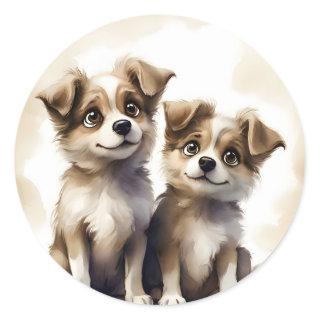 Adorable Portrait Two Puppies Best Friends Sibling Classic Round Sticker