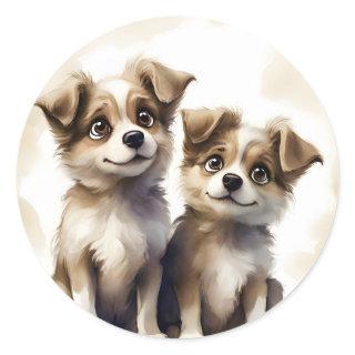 Adorable Portrait Two Puppies Best Friends Sibling Classic Round Sticker