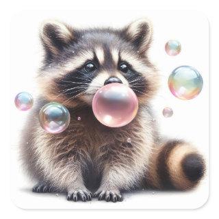Adorable Raccoon Blowing Bubble Gum  Square Sticker