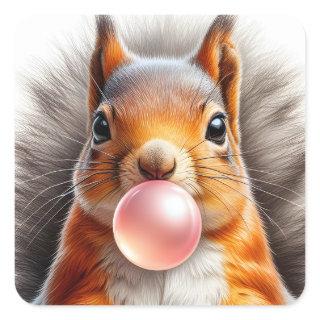 Adorable Red Squirrel Blowing Bubble Gum  Square Sticker