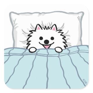 Adorable White Pomeranian Dog Tucked in Bed Square Sticker