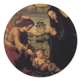 Adoration of the Child with Angel Classic Round Sticker