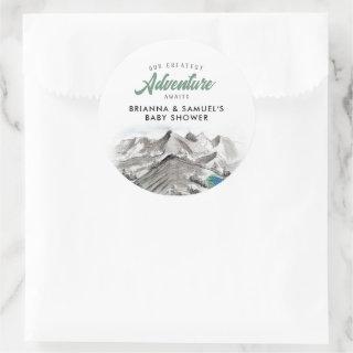 Adventure Awaits Couples Baby Shower Mountains Classic Round Sticker