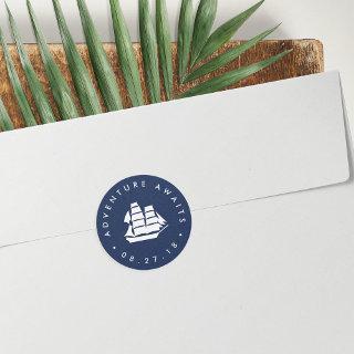 Adventure Awaits | Navy and White Ship Classic Round Sticker