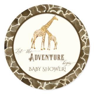 Adventure Baby Boy Shower Watercolor Giraffe Theme Classic Round Sticker