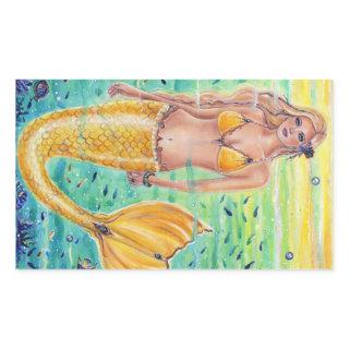 Aelia Yellow mermaid art By Renee L. Lavoie Rectangular Sticker