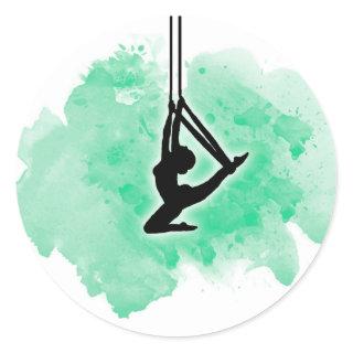 Aerial Silk pose on green watercolor Classic Round Sticker