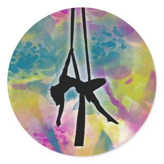 Aerial Silk Silhouette on Watercolor Flowers Classic Round Sticker