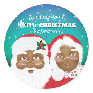 African American Santa and Mrs Claus Christmas Classic Round Sticker