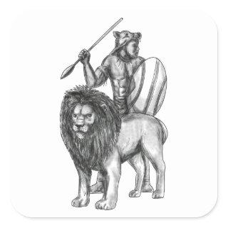 African Warrior Spear Lion Tattoo Square Sticker