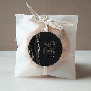 Agate Geode Script Black Gold Dark Wedding Classic Round Sticker